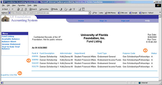 FAS Fund Listing Screen Capture